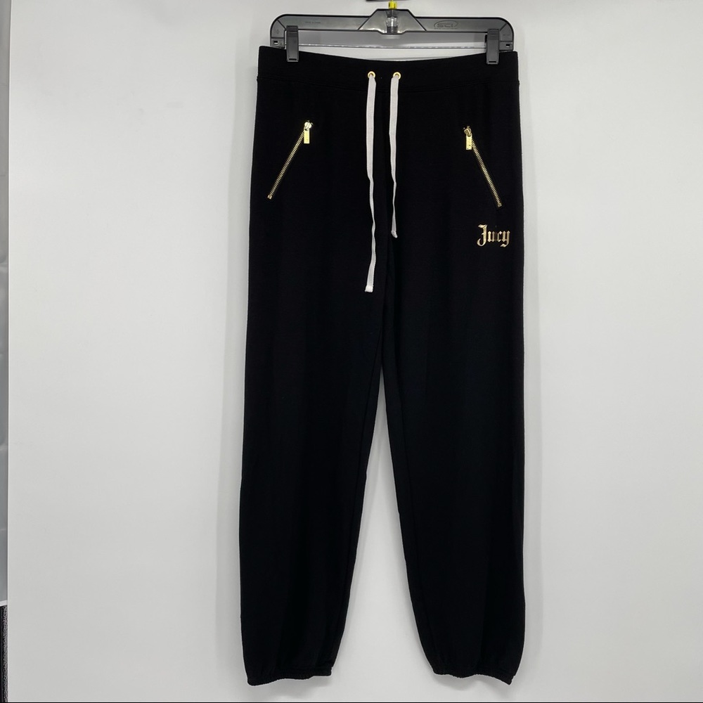 Juicy Couture Velour Joggers Medium Black Sweatpants Drawstring Y2K Zip Pocket